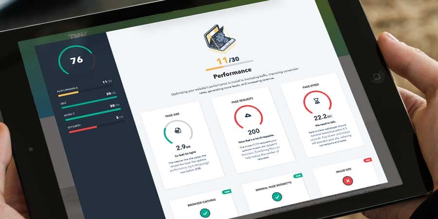 iPad with results from TANK's website performance grader